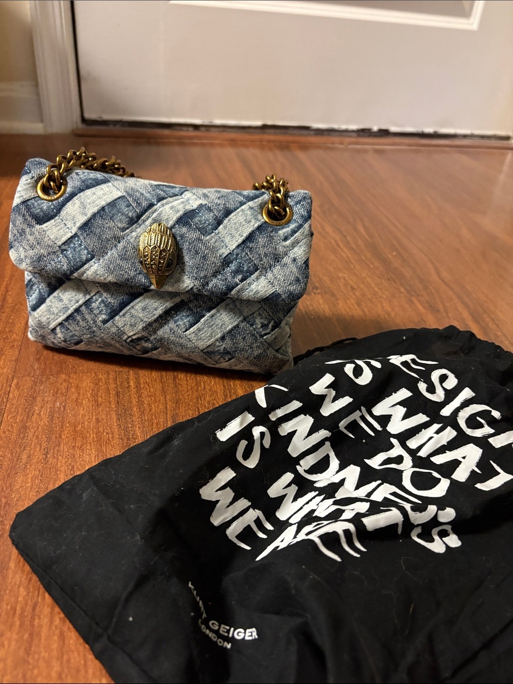 Kurt Geiger Kensington Blue Quilted Denim Crossbody Bag with Chain Strap